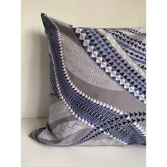 Grey Pillowcase with White and Blue Tribal Pattern | Handmade | 100% Cotton - Picture 2 of 4